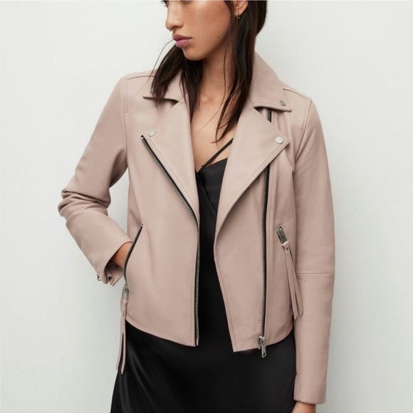 All Saints Dalby Slim Fit Biker Jacket Lamb Leather Blush pink Size 2 Zipper - Picture 12 of 15